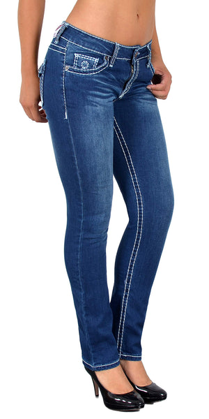 ESRA Damen Jeans Hose Jeanshosen Damen Straight Leg Dicke Naht Kontrastnaht bis Übergröße J540