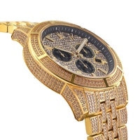 LOUIS XVI Majesté Full Iced Out Herrenuhr Chronograph 43 mm Schweizer Quarzwerk Edelstahl Armband Gold Iced Zifferblatt CZ-Diamanten 1123