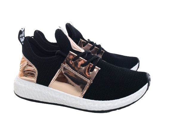 Baskets basses de sport pour femme, chaussures de loisirs, sneakers noir et or # 241