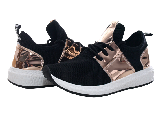 Baskets basses de sport pour femme, chaussures de loisirs, sneakers noir et or # 241