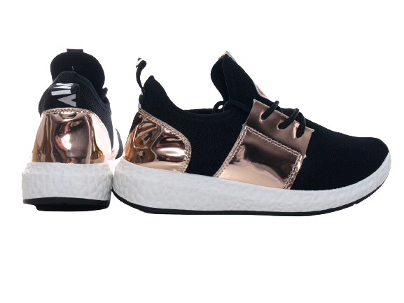 Baskets basses de sport pour femme, chaussures de loisirs, sneakers noir et or # 241