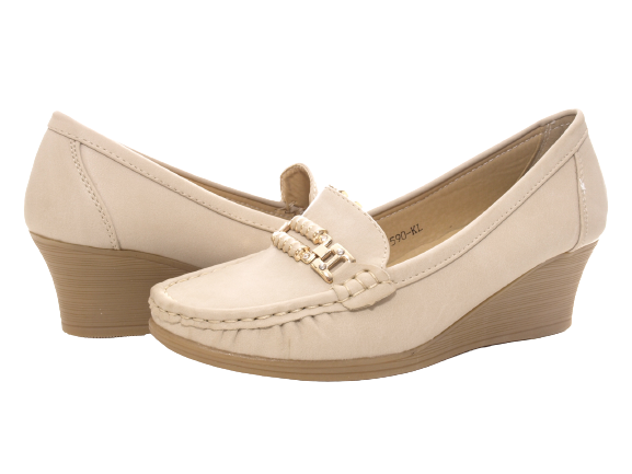 Women's Wedge Moccasin Wedge Pumps Low Shoes Khaki # 590