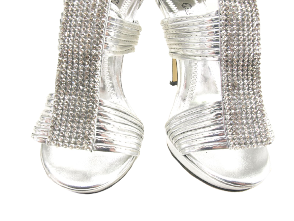 Damen High Heels Abendschuhe Straß Pumps Riemen Silver # 9049-39