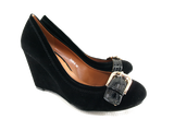 Damen Keilabsatz Pumps Wedges Schuhe Black  Velour Optik # 7835