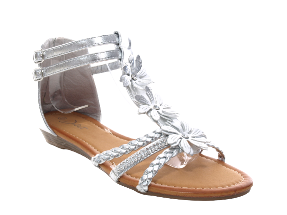 Sandales plates chaussures d'été sandales à brides fleurs découpes argent # 80