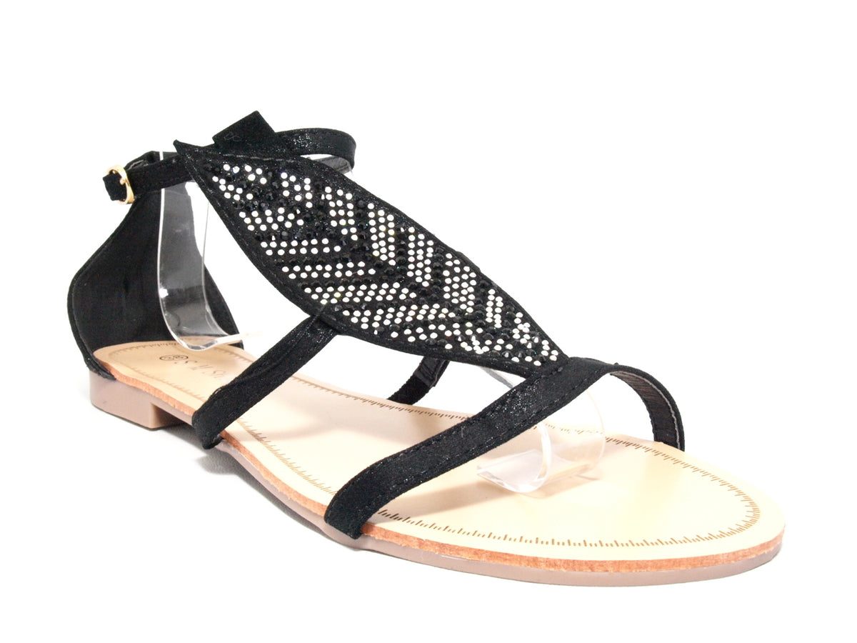 Flache Sandalen Sommerschuhe Sandaletten Zehensandale Black # 88-29