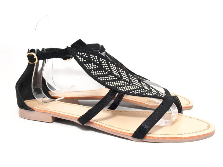 Flache Sandalen Sommerschuhe Sandaletten Zehensandale Black # 88-29