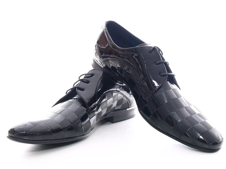 Chaussures de ville à lacets pour homme, aspect verni, noir # 8009-1