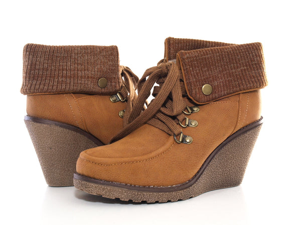 Damen Keilabsatz Stiefelette warm gefüttert Camel # 007