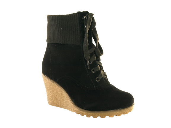 Damen Keilabsatz Stiefelette warm gefüttert Velour Look Black # 0072