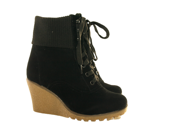 Damen Keilabsatz Stiefelette warm gefüttert Velour Look Black # 0072