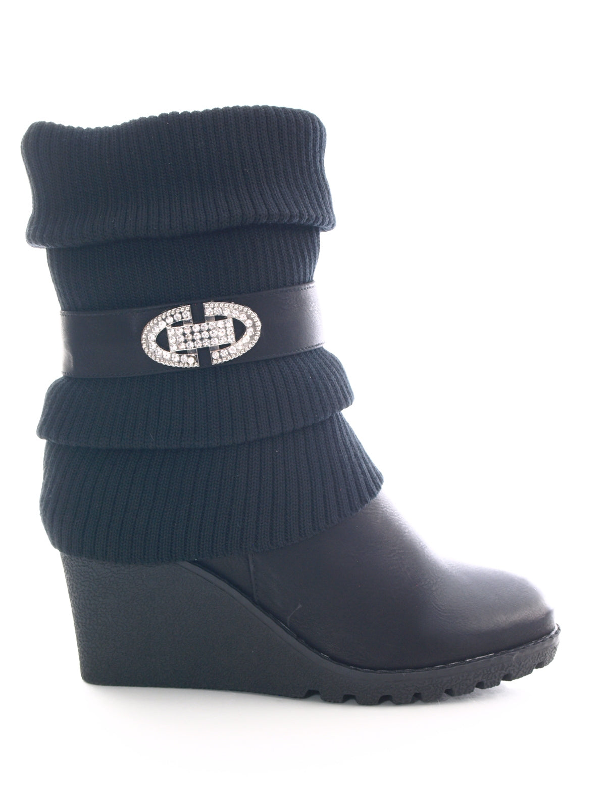 Damen Keilabsatz Stulpen Look Stiefel warm gefüttert Black # 027