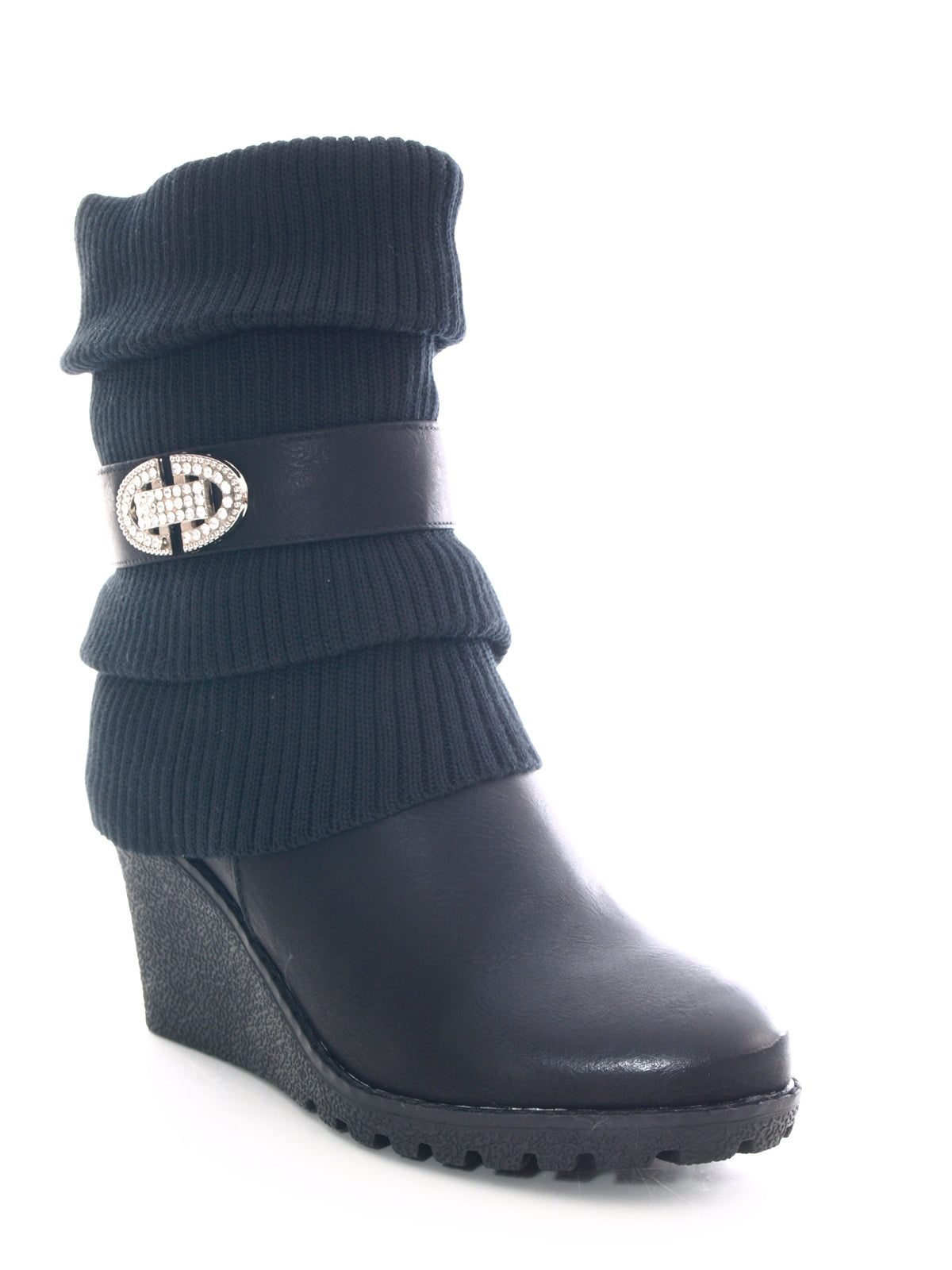 Damen Keilabsatz Stulpen Look Stiefel warm gefüttert Black # 027