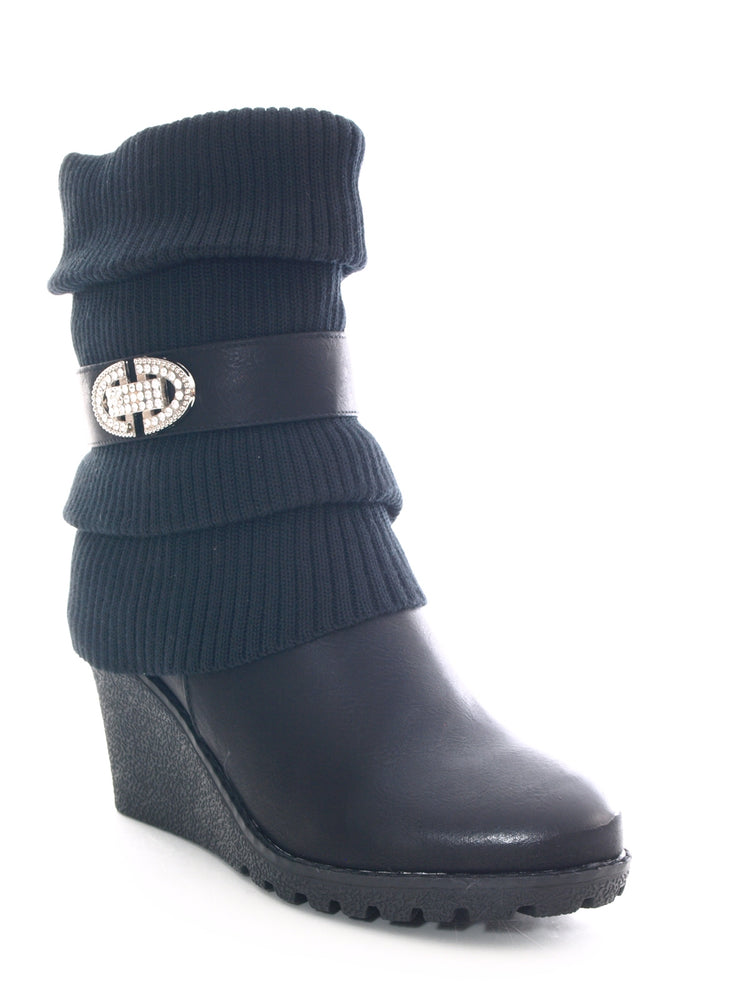 Damen Keilabsatz Stulpen Look Stiefel warm gefüttert Black # 027