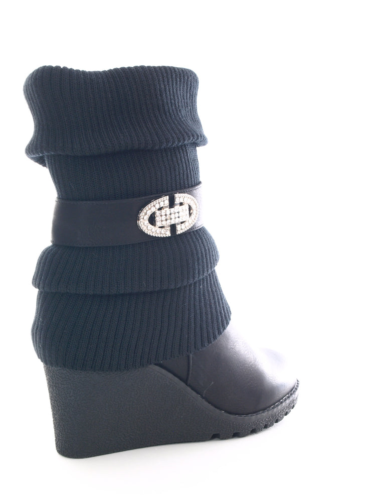 Damen Keilabsatz Stulpen Look Stiefel warm gefüttert Black # 027