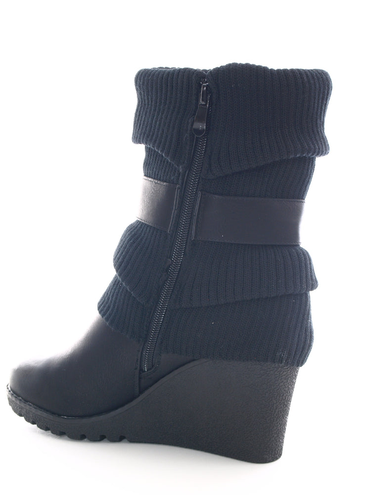 Damen Keilabsatz Stulpen Look Stiefel warm gefüttert Black # 027