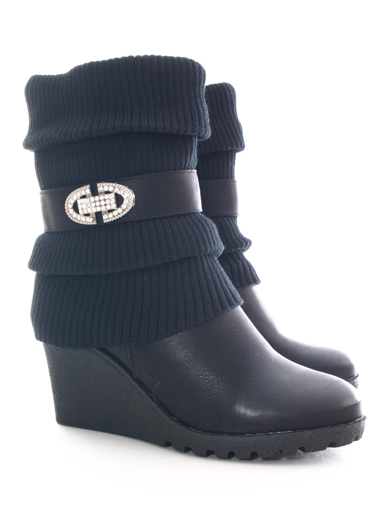 Damen Keilabsatz Stulpen Look Stiefel warm gefüttert Black # 027