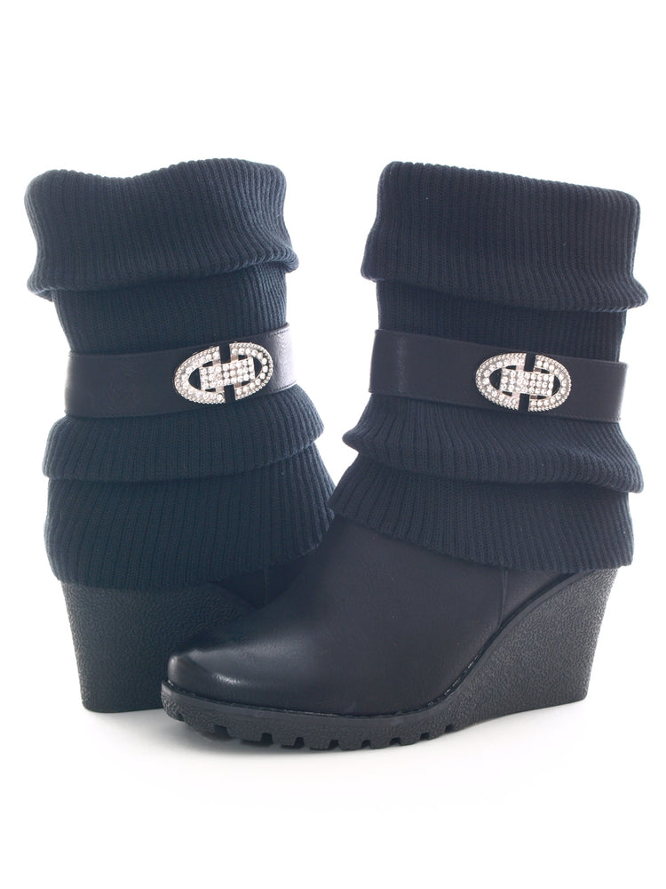 Bottes femme à talons compensés style jambières, doublure chaude, noir # 027