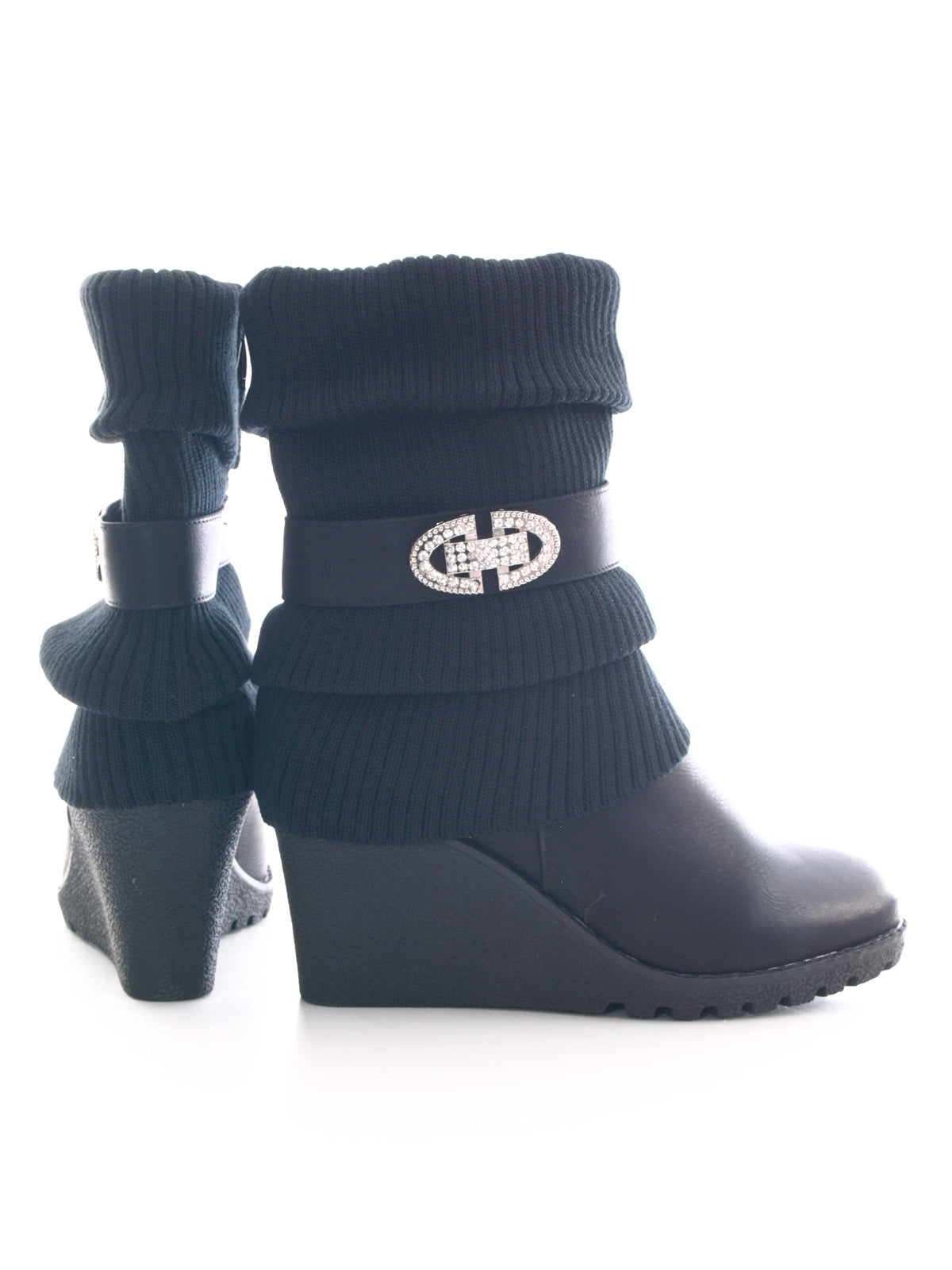 Damen Keilabsatz Stulpen Look Stiefel warm gefüttert Black # 027
