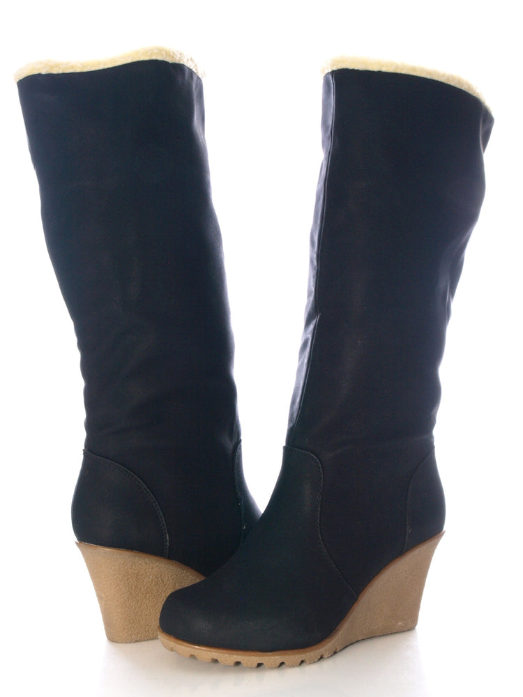 Women's wedge heel winter boots warm lined black # 6666