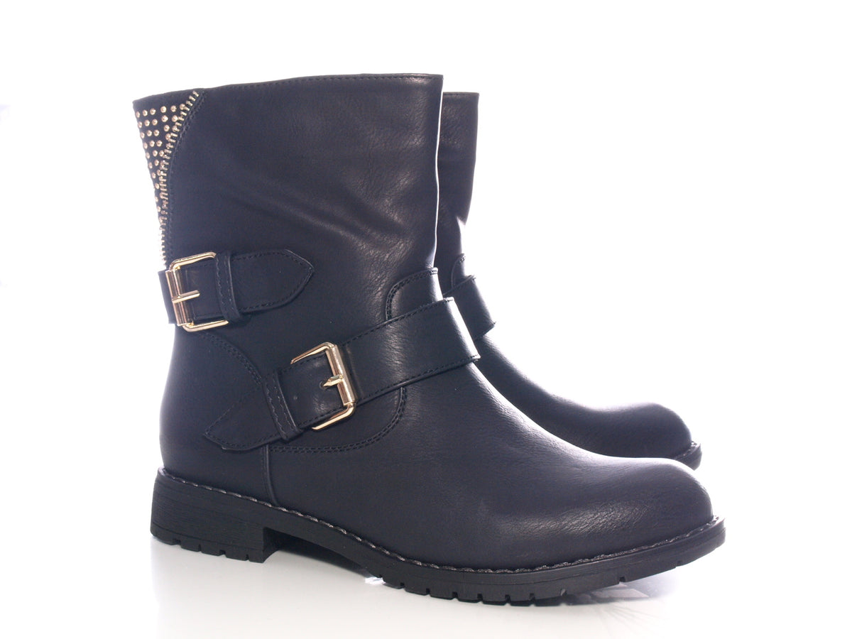 Bottines femme boots biker bottes d'extérieur bottes d'hiver doublées chaud noir # 634