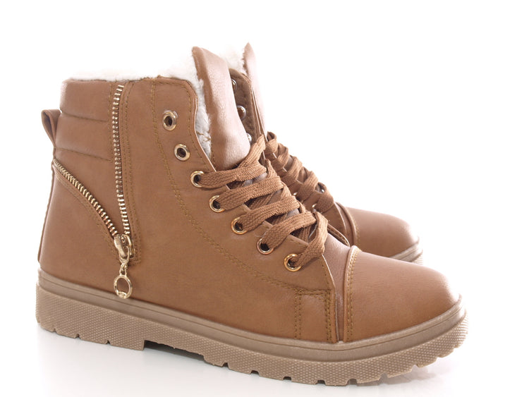 Women's ankle boots lace-up boots outdoor winter boots warm lined camel # 72