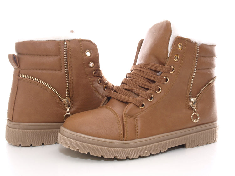 Women's ankle boots lace-up boots outdoor winter boots warm lined camel # 72