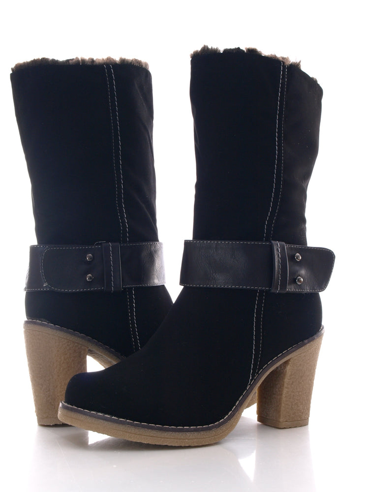 Women's calf-high boots, warm lined, suede look, black # 6254