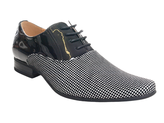 Chaussures basses de ville pour hommes, chaussures de costume, chaussures de soirée, aspect verni, noir / blanc # 157-81