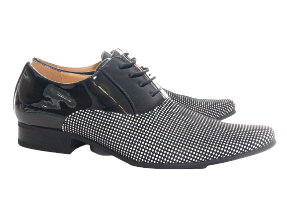 Chaussures basses de ville pour hommes, chaussures de costume, chaussures de soirée, aspect verni, noir / blanc # 157-81
