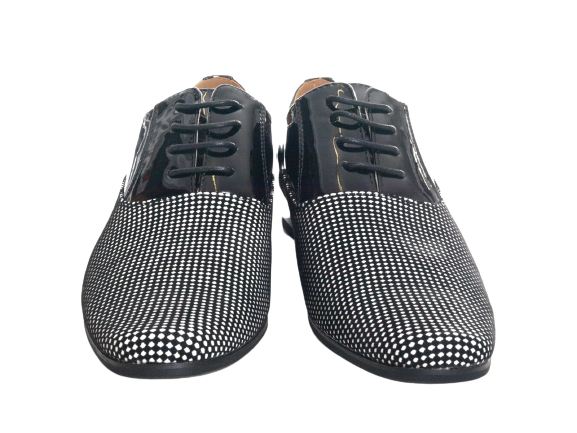 Chaussures basses de ville pour hommes, chaussures de costume, chaussures de soirée, aspect verni, noir / blanc # 157-81