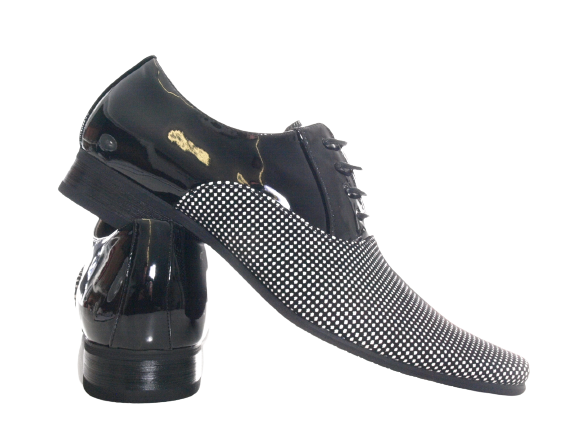 Chaussures basses de ville pour hommes, chaussures de costume, chaussures de soirée, aspect verni, noir / blanc # 157-81