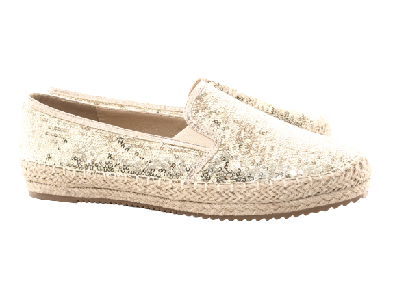Mocassins compensés à paillettes pour femme, espadrilles en dentelle, à enfiler, dorées # 163